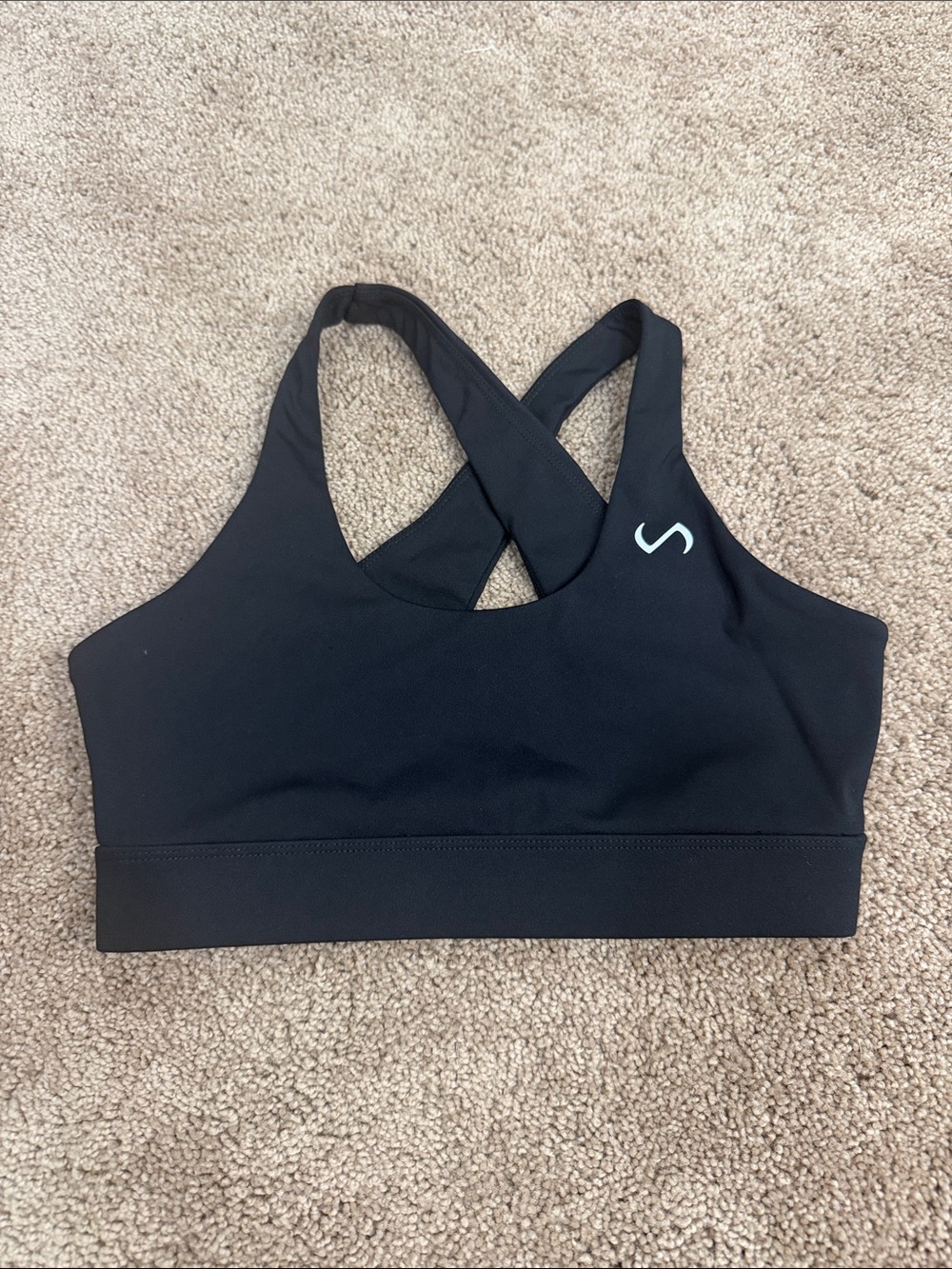 Cross-Back Sports Bra in Black with Minimal Logo